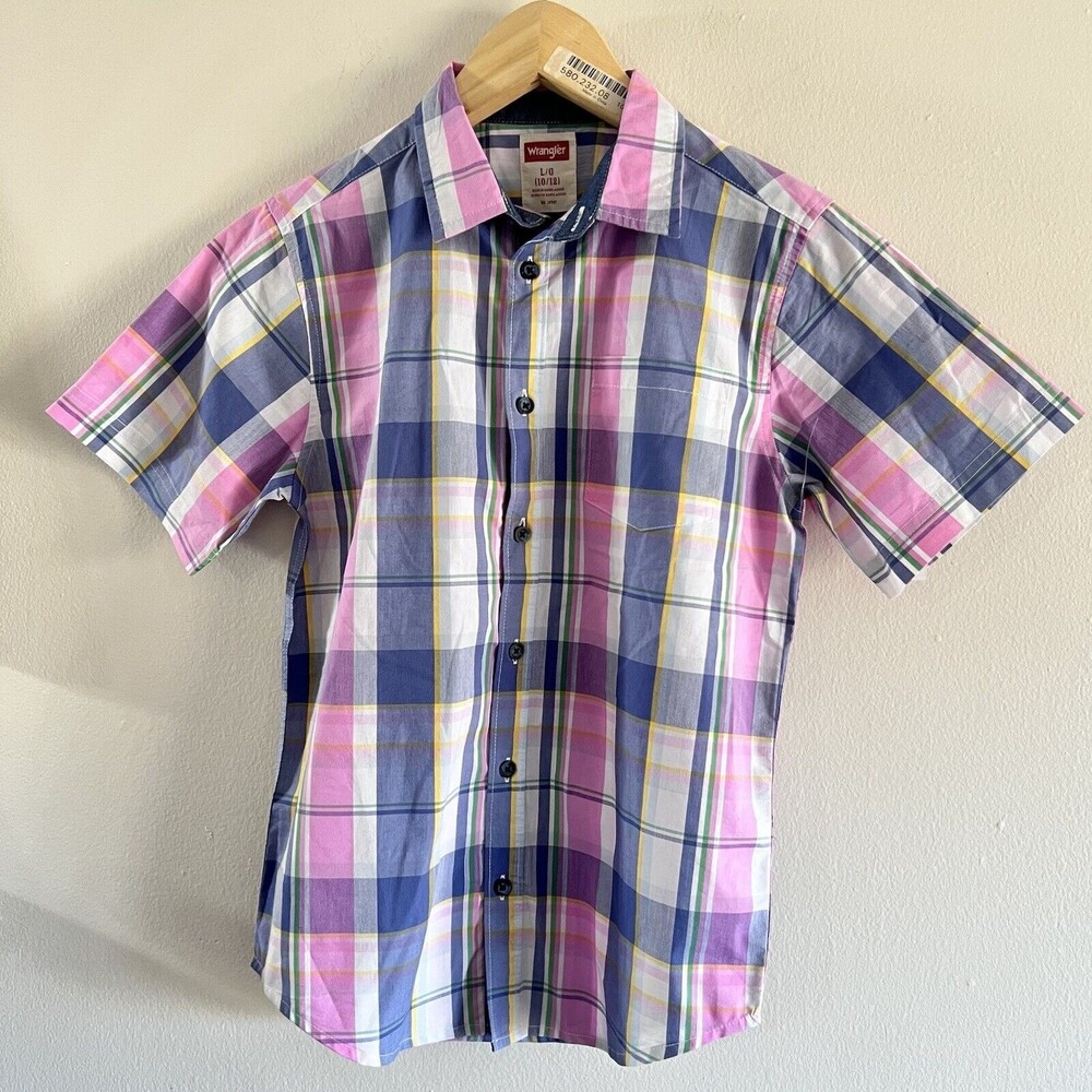 Wrangler Boys Button Up Shirt Size L 10-12 Blue Pink White Green Short Sleeve